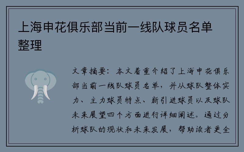 上海申花俱乐部当前一线队球员名单整理